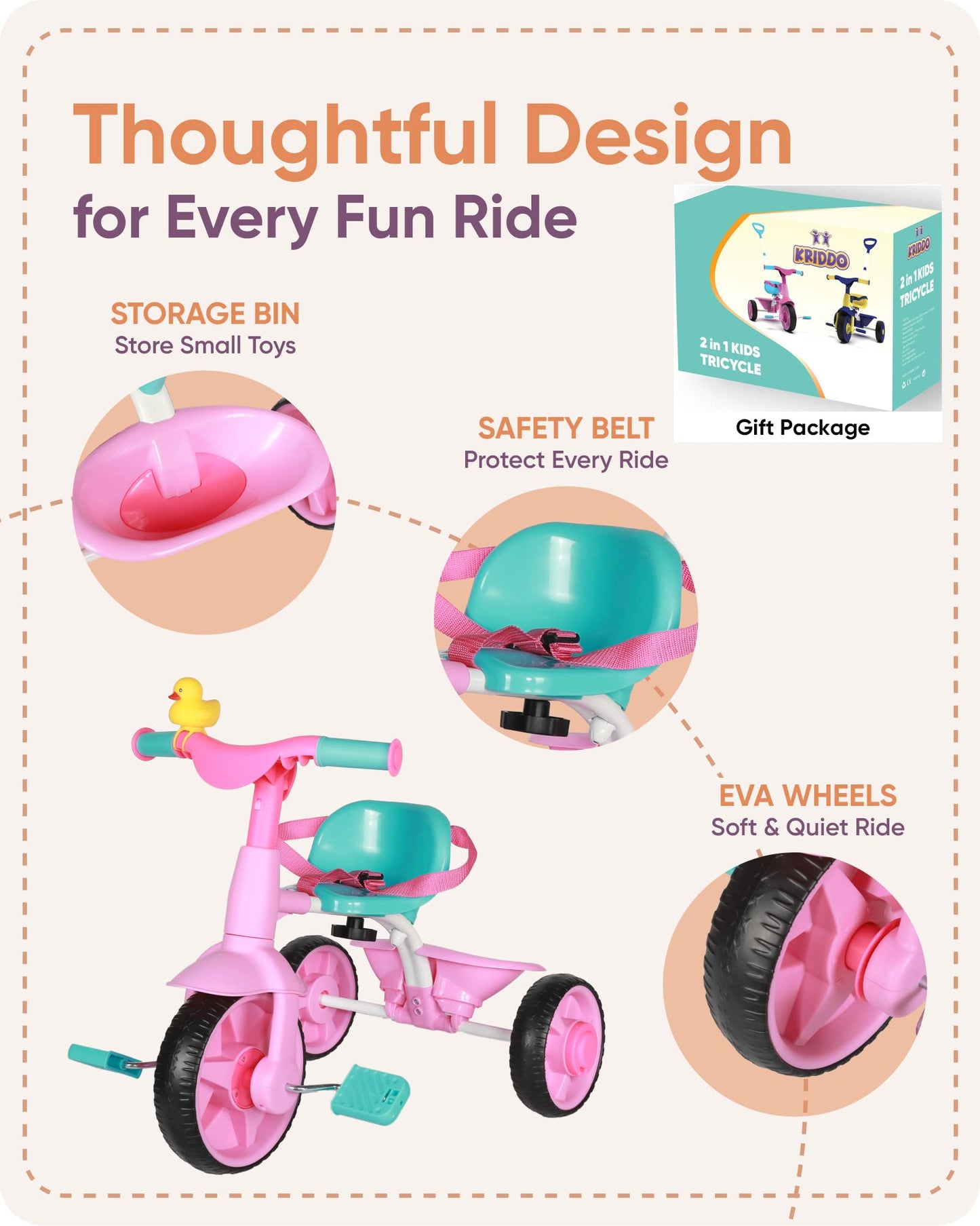 KRIDDO 2 in 1 Kids Tricycles Age 18 Month to 3 Years, EVA Wheels Upgraded, Gift, Trikes for Toddlers 2 to 3 Year Old with Push H