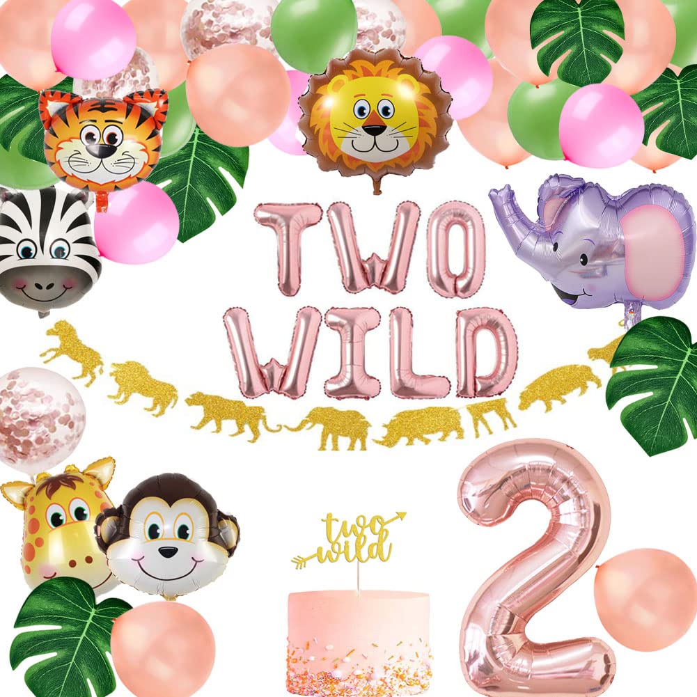 Two Wild Birthday Party Decorations, Jungle Themed Secend Girl Birthday Party Supplies Set Cute Animals Head Balloons And Two Wi