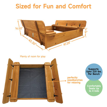 RUNSHED Large Wooden Kids Sandbox with Lid - Outdoor Sand Box for Kids with Cover Sand Protection, Foldable Bench Seats and Bott