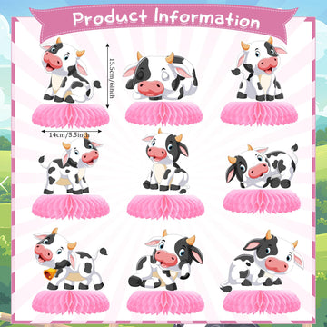 9 Pcs Pink Cow Honeycomb Centerpieces Farm Animals Cow Table Topper Honeycomb Pink Cow Theme Party Honeycomb 3D Cow Print Table Decoration For Girl Party Baby Shower Western Cowboy Party Supplies