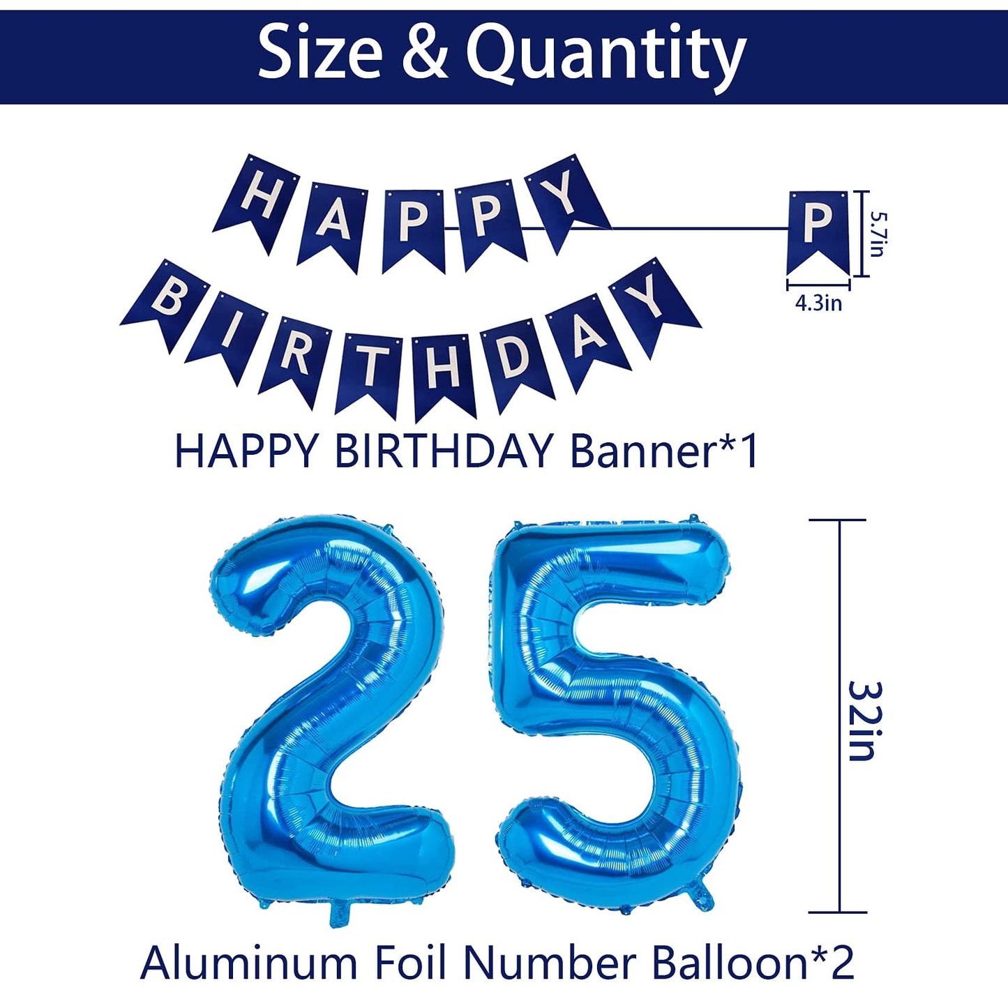 Naninuneno 25Th Blue Birthday Party Decorations For Boy Girl Men Women, Happy 25 Birthday Balloons Supplies With Happy Birthday