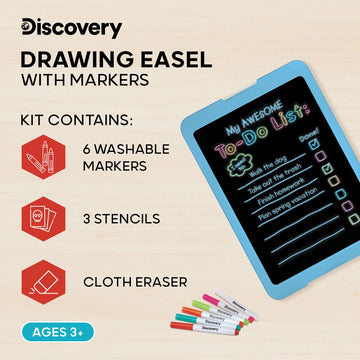 Discovery Kids Neon Glow Drawing Easel W/ 6 Color Markers, Built-In Kickstand/Wall Mount, 5 Light Modes, Easy Clean/Washable, Wide Screen, Flat Storage, Portable Travel Activity, Electronic Activity