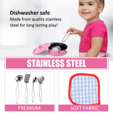 Kids Play Kitchen Toys Pretend Cooking Pink Stainless Steel Pots And Pans Metal Kitchen Set With Utensils (11 Pieces)