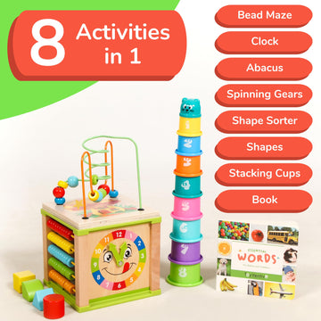 TOYVENTIVE Wooden Activity Cube - Montessori Sensory Toy for 1-2 Year Olds, Blue Table-Top Size, Perfect Birthday Gift with Bonus First Words Book