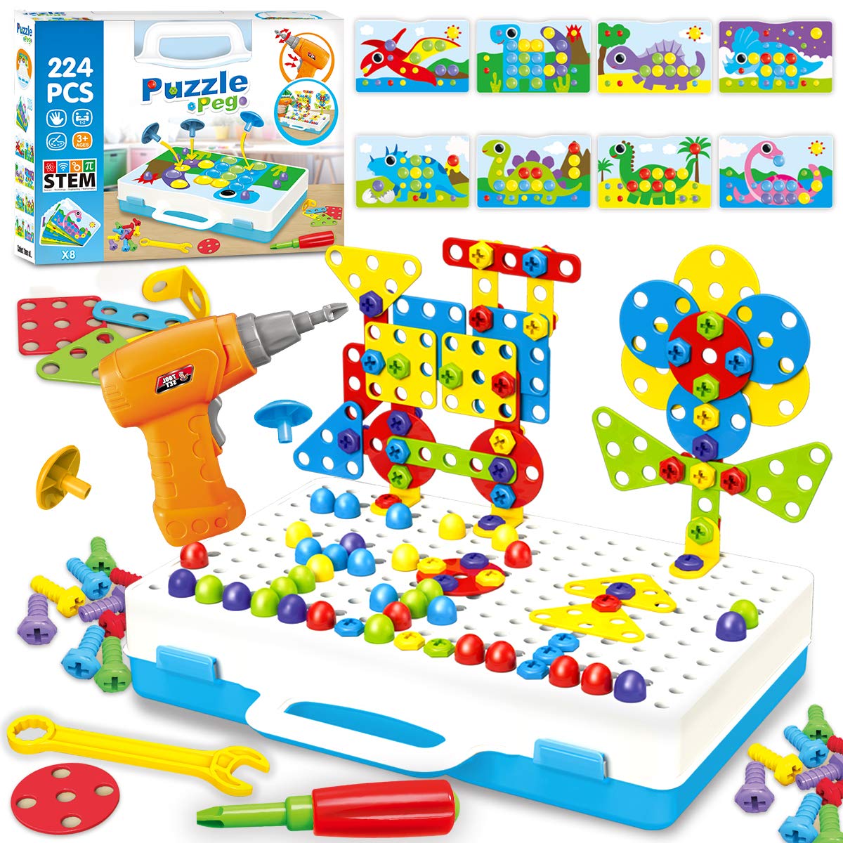 224 Pieces Creative Mosaic Drill Design Puzzle Set for Kids, Electric Drill and Screwdriver toy Tool DIY Educational Set, STEM E