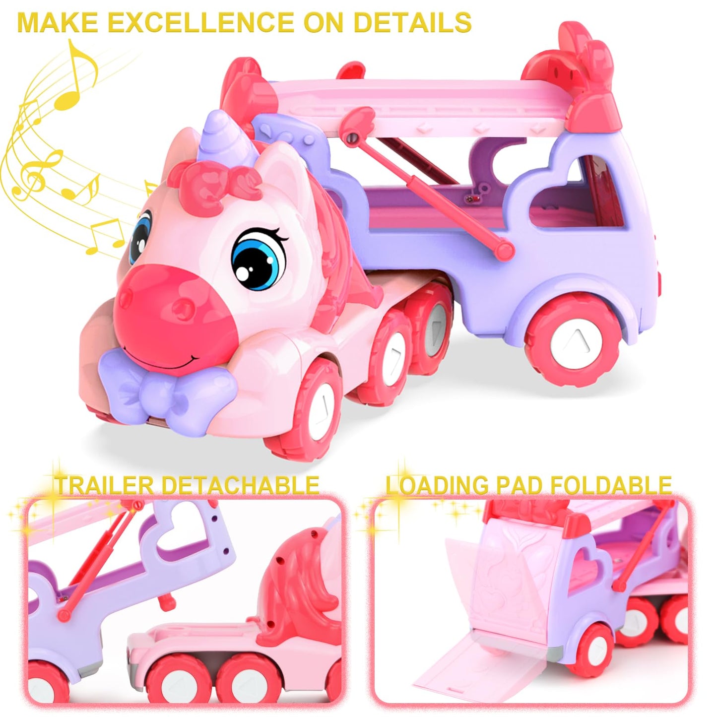seveclotree Toys for 1 2 3 Year Old Girl, 5-in-1 Unicorn Toys Carrier Truck Toy Cars with Light & Sound,Girl Toddler Toys Age 2-