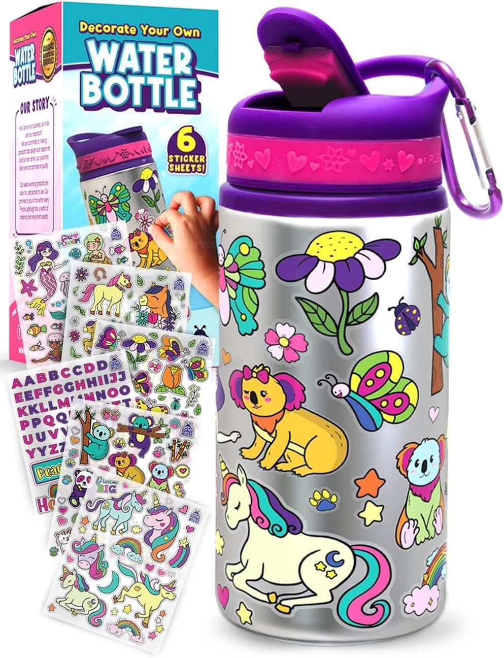 Purple Ladybug Decorate Your Own Water Bottle For Girls - Includes Trendy Stickers, Easter Gift For Ages 5-8, Birthday Or Valentines Gift, Great For Little Girls