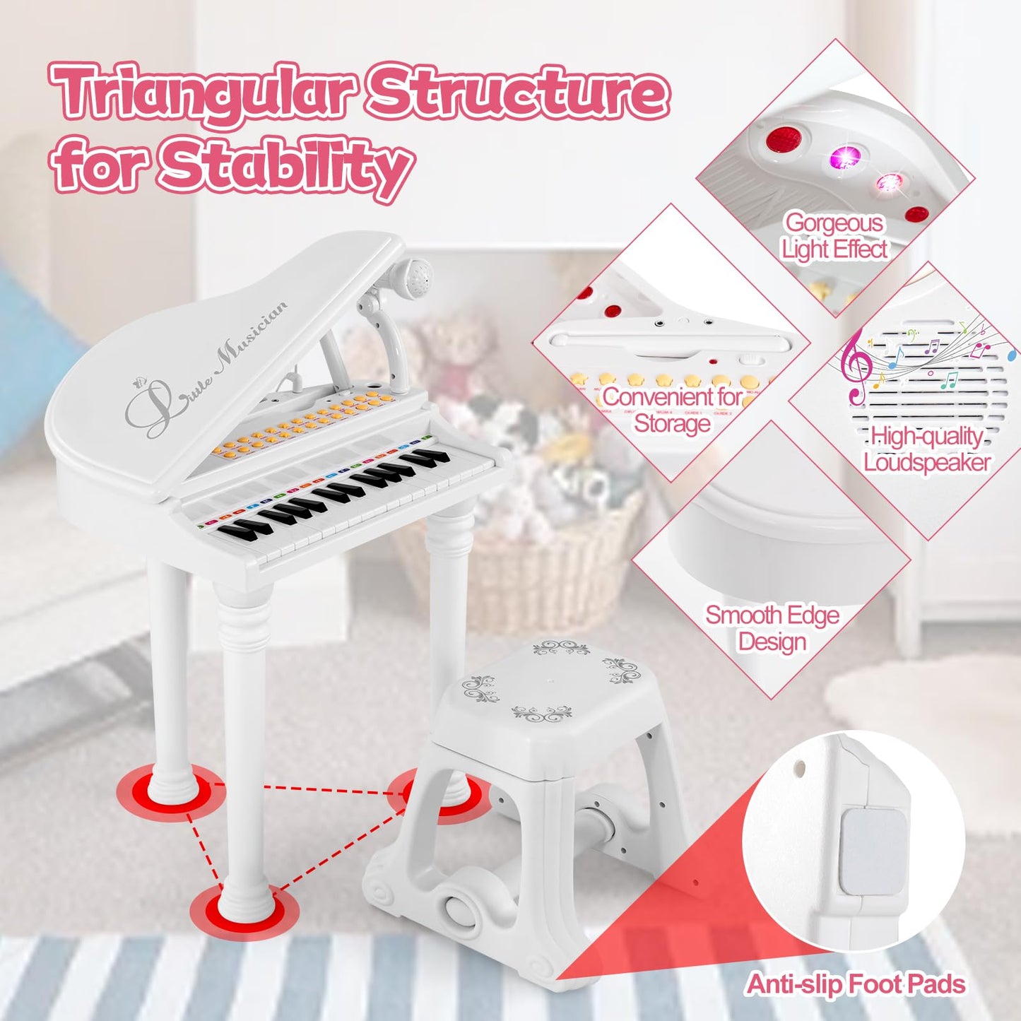 HONEY JOY Classical Kids Piano, 31-Key Toy Mini Grand Piano with Music Stand & Stool, Portable Electronic Educational Musical In