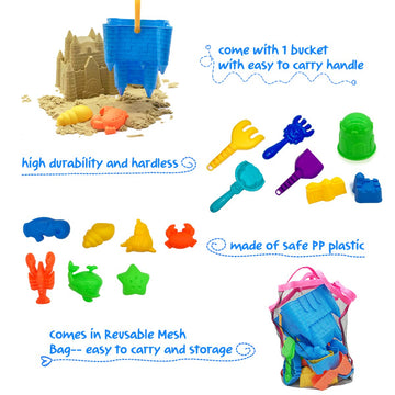 Beach Sand Toys for Kids, 27 pcs Beach Toys Castle Molds Sand Molds, Beach Bucket, Beach Shovel Tool Kit, Sandbox Toys for Toddl