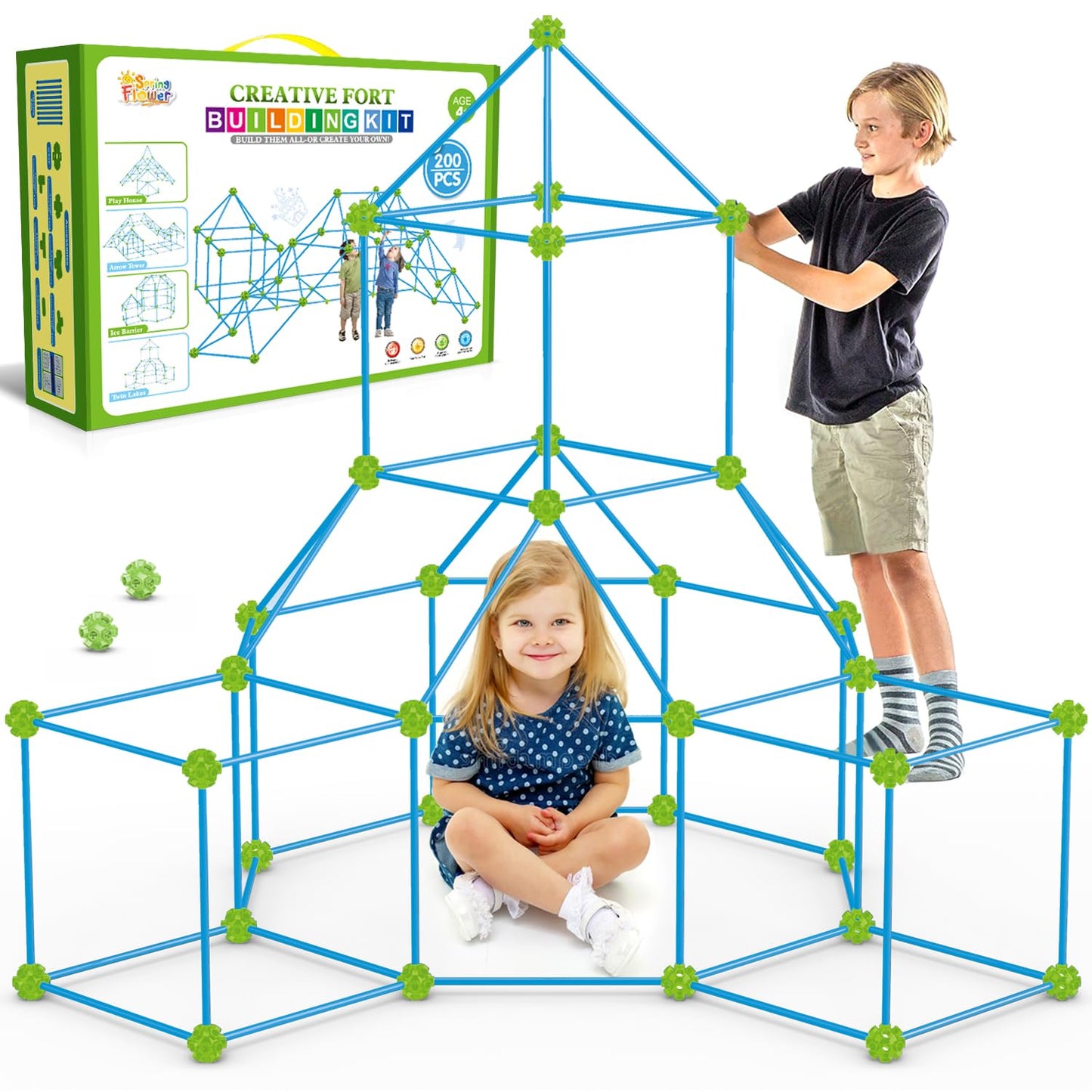 Springflower Fort Building Kit For Kids,Stem Construction Toys, Educational Gift For 3 4 5 6 7 8 9 10 11 12 Years Old Boys And Girls,Ultimate Creative Set For Indoor & Outdoors Activity,200 Pcs,Green