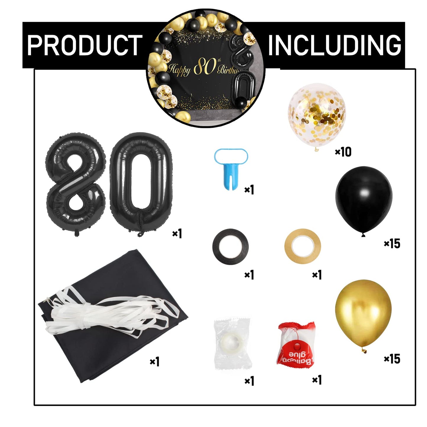 Happy 80Th Birthday Balloons Black Set Decor - Cheers To 80 Years Old Party Theme Garland Banner Backdrop Decorations For Women