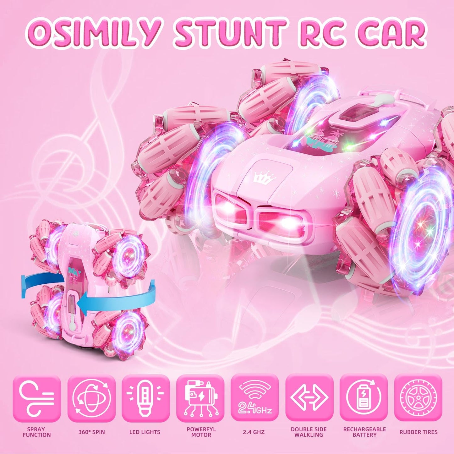 OSIMILY Remote Control Car, Pink RC Cars for Girls, Toys for Ages 5-7, 2.4GHz 4WD Fast RC Car Kids Toys for Ages 8-13, Double Si
