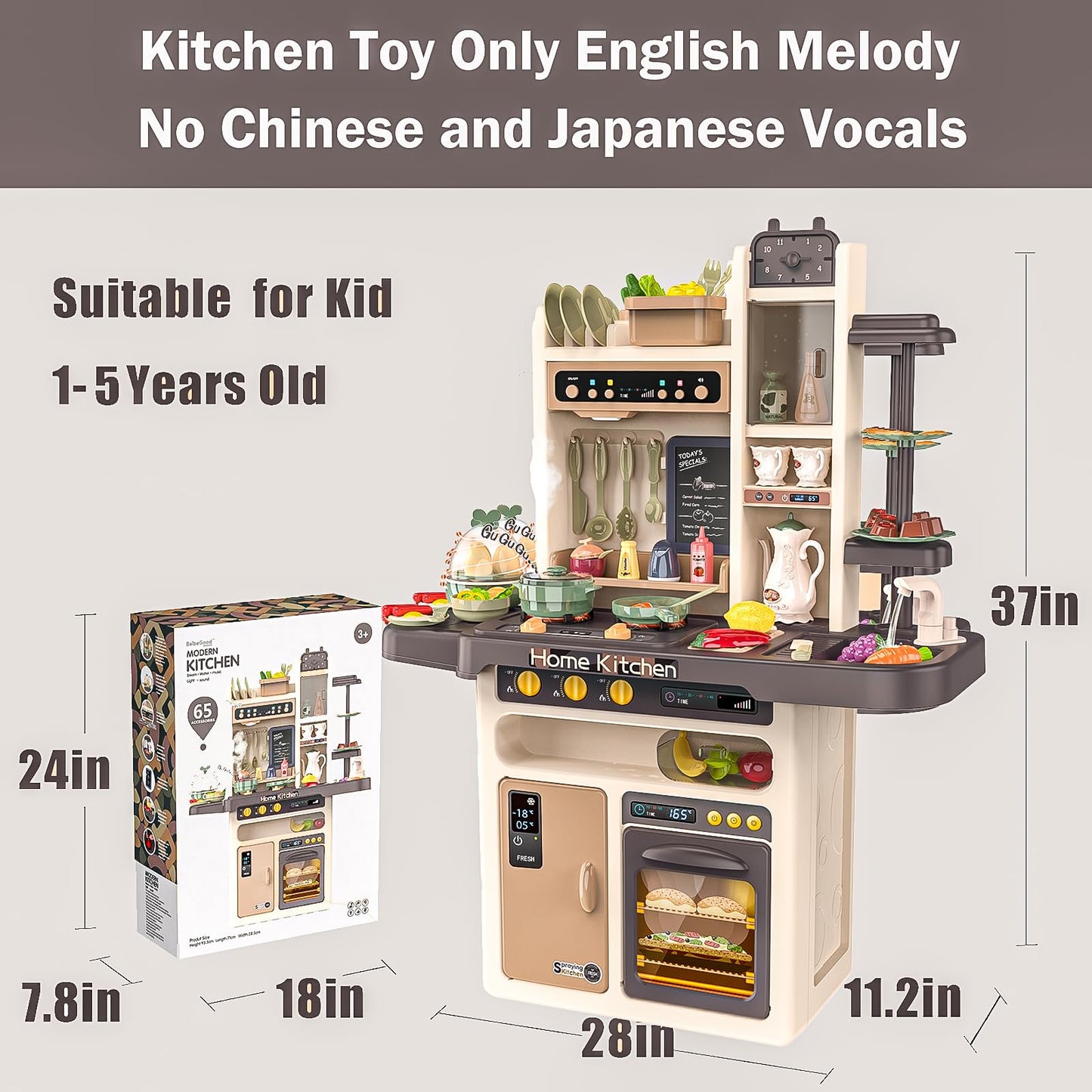 Play Kitchen - Kitchen Playset Pretend Food - Toy Accessories Set w/Real Sounds & Light, Play Sink, Cooking Stove with Steam, 65