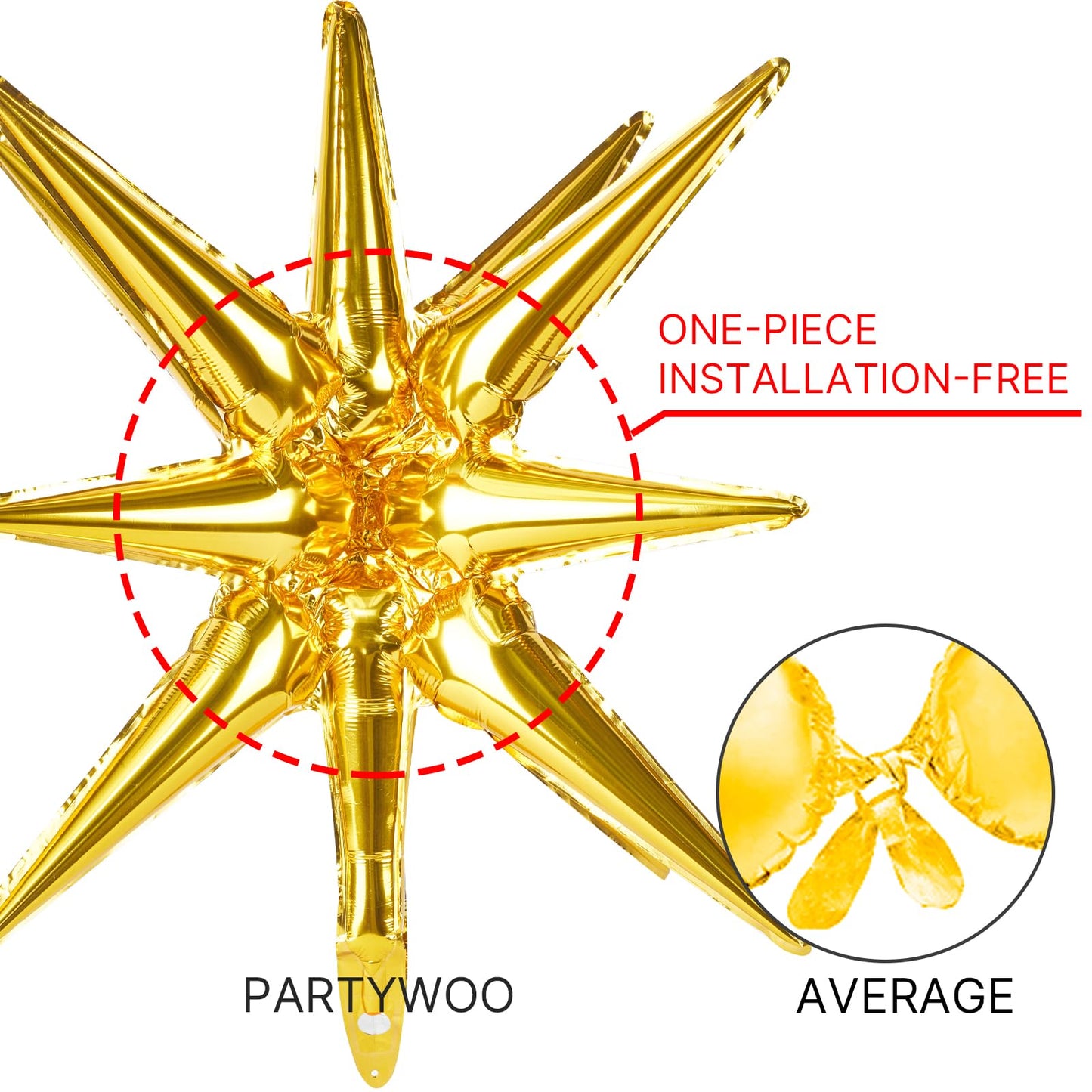 Partywoo Gold Star Balloons, 2 Pcs 42 Inch Large 14-Pointed Starburst Balloons, One-Piece Star Explosion Balloons With Ribbon, Point Star Foil Balloons, Mylar Balloons For Birthday Party Decorations