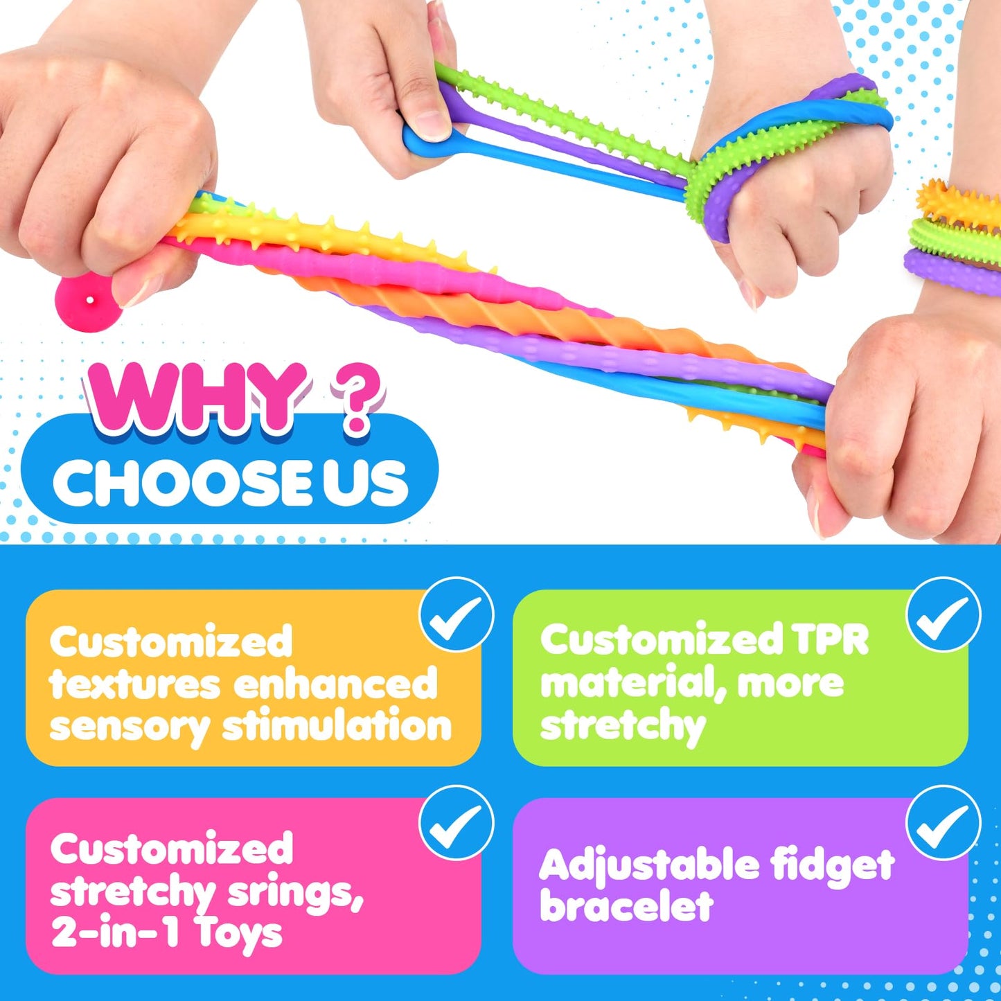 KLT Sensory Fidget Stretchy Strings Bracelet - Adjustable Rubber Toy for Kids, Rainbow - Perfect for Autism and Classroom Use - 6 Pack
