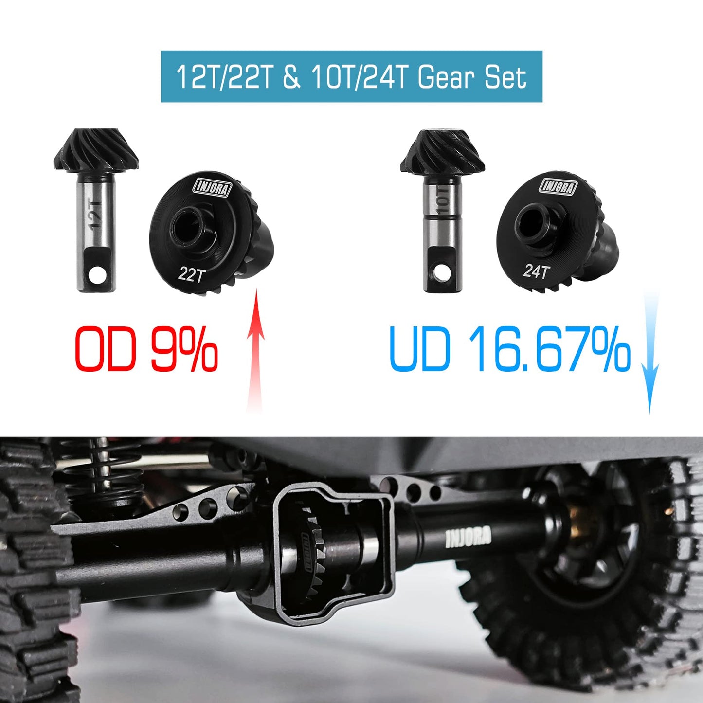 INJORA 12T/22T Overdrive Gear and 24T/10T Underdrive Alloy Steel Helical Gear Set for TRX4M 1/18 RC Crawler Car Upgrade