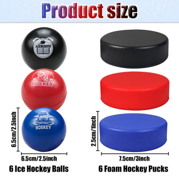 APUXXJUPA Foam Hockey Balls - 12 Pack Low-Bounce Stress Balls, 2.5'' & 3'' Mix, High-Visibility Red, Black, Blue for Indoor Practice