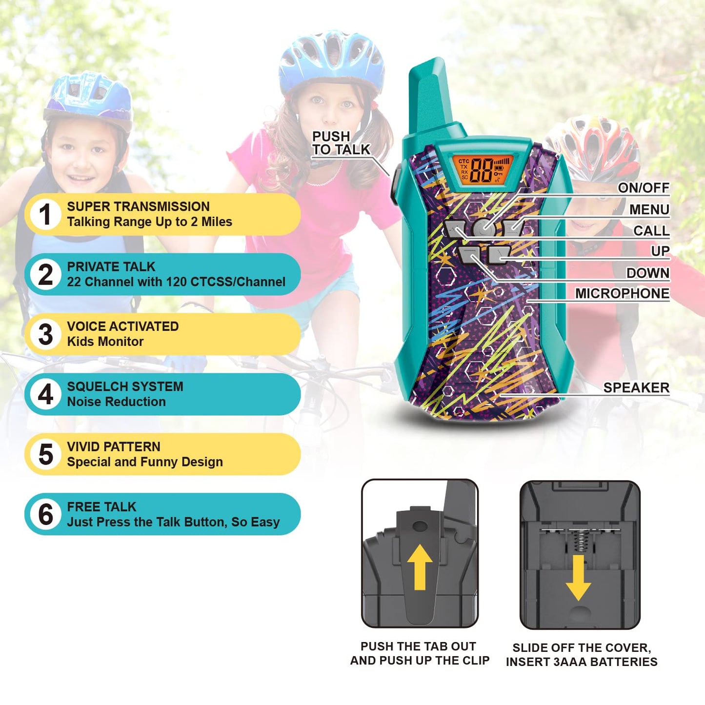 Walkie Talkies For Kids, 22 Channels Long Range Walkie Talkies For Boys Girls 4-12, 2 Way Radio Toy, Outdoor Camping Gear Toys Gifts For Kids Ages 4-12 Bluegreenpink