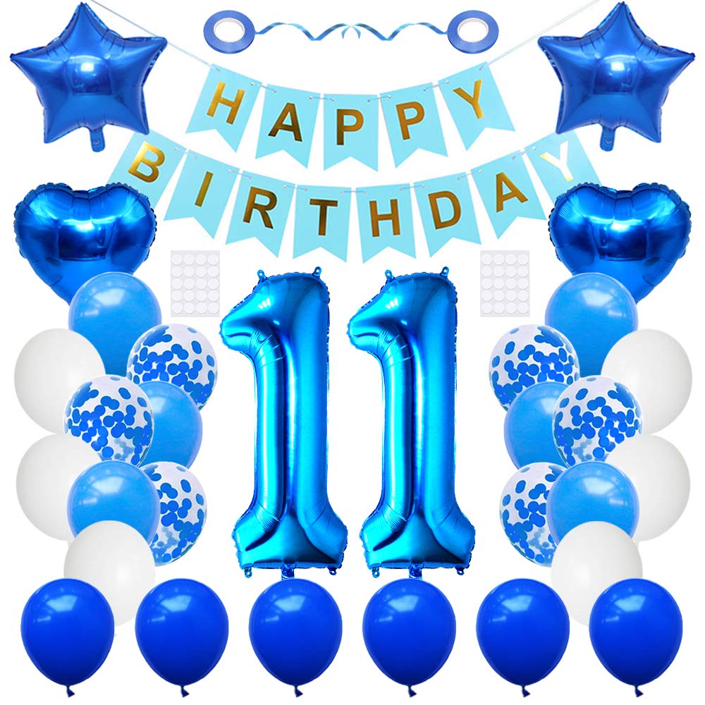 Huture 11 Birthday Party Supplies Blue Number 11 Foil Balloon Happy Birthday Banner Kit 11Th Birthday Decoration White Blue Late