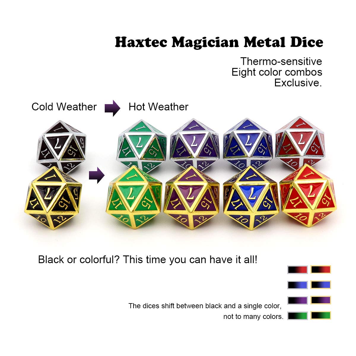 Haxtec Color Shifting Metal DND Dice Set Temperature Sensitive Polyhedral D&D Dices for RPG Dungeons and Dragons-Silver Black Gr