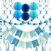 Blue Birthday Decorations with Happy Birthday Banner, Paper Honeycomb Balls, Circle Garland and Hanging Swirl Decorations, Birth
