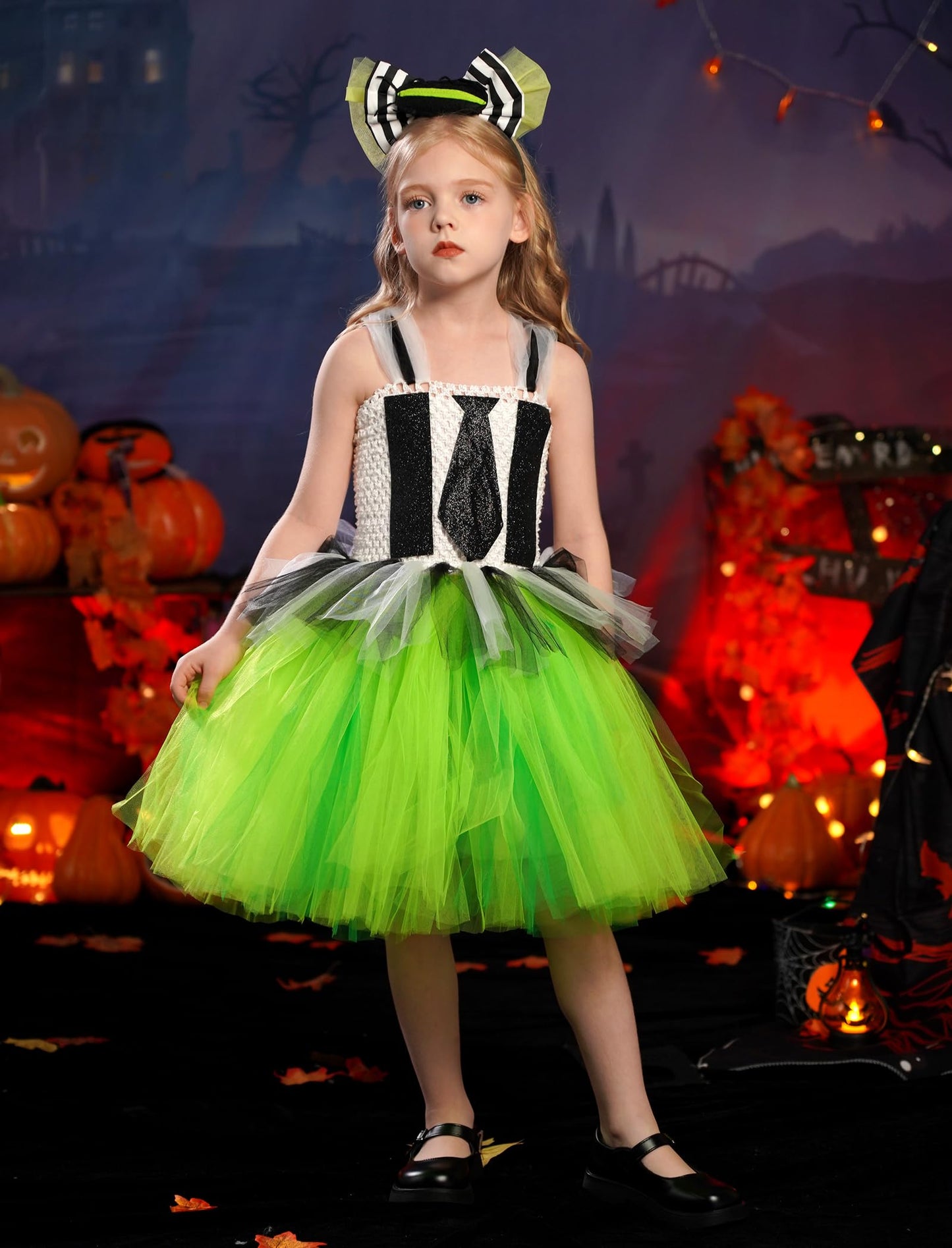 Obeeii Kids Girls Halloween Costume Black White Stripe Tulle Tutu Dress With Headband Set Carnival Fancy Dress Black-Green 4-5 T