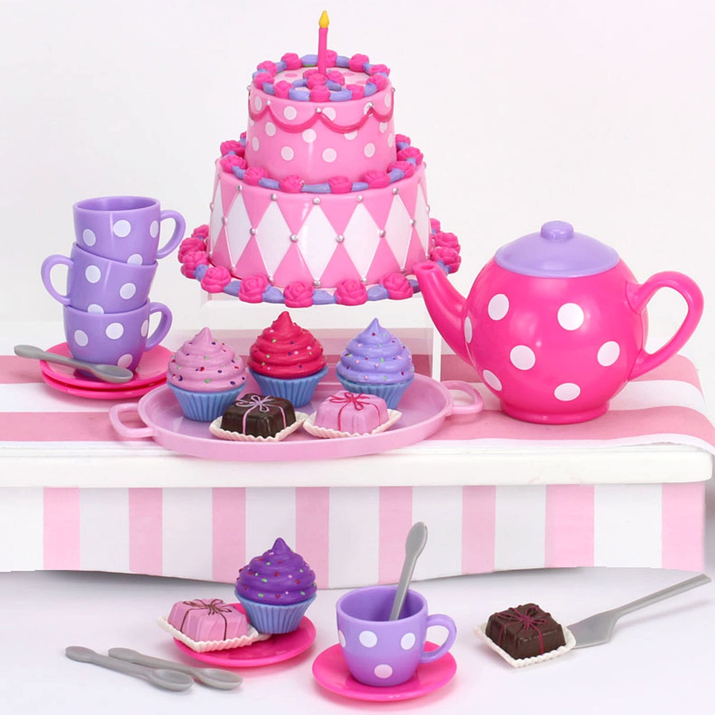 Sophia'S Complete Cake & Tea Party Accessories Set With Teapot, Teacups, Utensils, Pretend Dessert And Drinks For 18' Dolls, Pink/Purple
