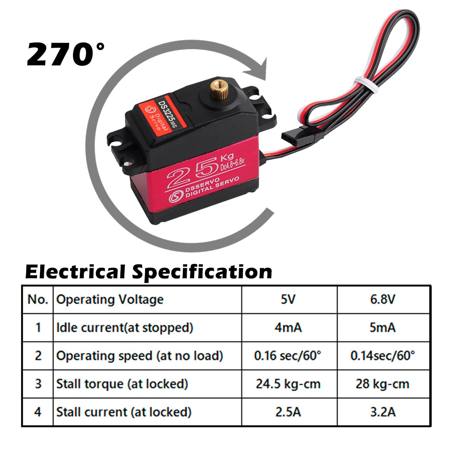 Wishiot Ds3225Mg 25Kg Rc Digital Servo Full Metal Gear With 270 Degree Pwm Control For Diy Baja Car Crawlers Truck Rc Robotic Ar