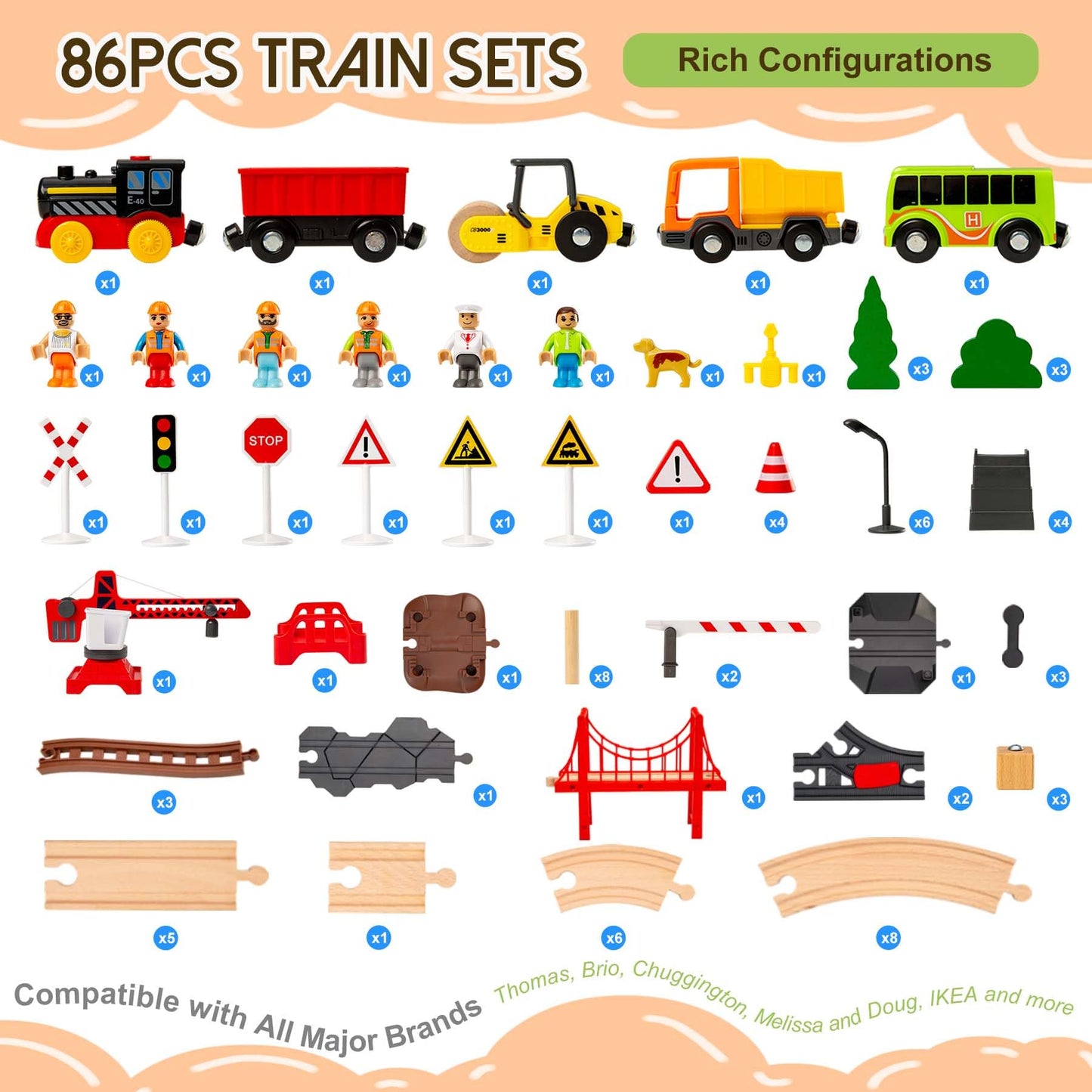 86Pcs Wooden Train Set With Crane, Wooden Train Track Set Railway Kits Fits Thomas Brio Ikea Melissa And Doug, Christmas Train T