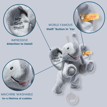 Steiff Ellie Elephant Musical Pull Toy 10 Inch Light Grey, Peaceful Lullaby, Plush Elefant, Cuddly Soft Plush, Machine Washable