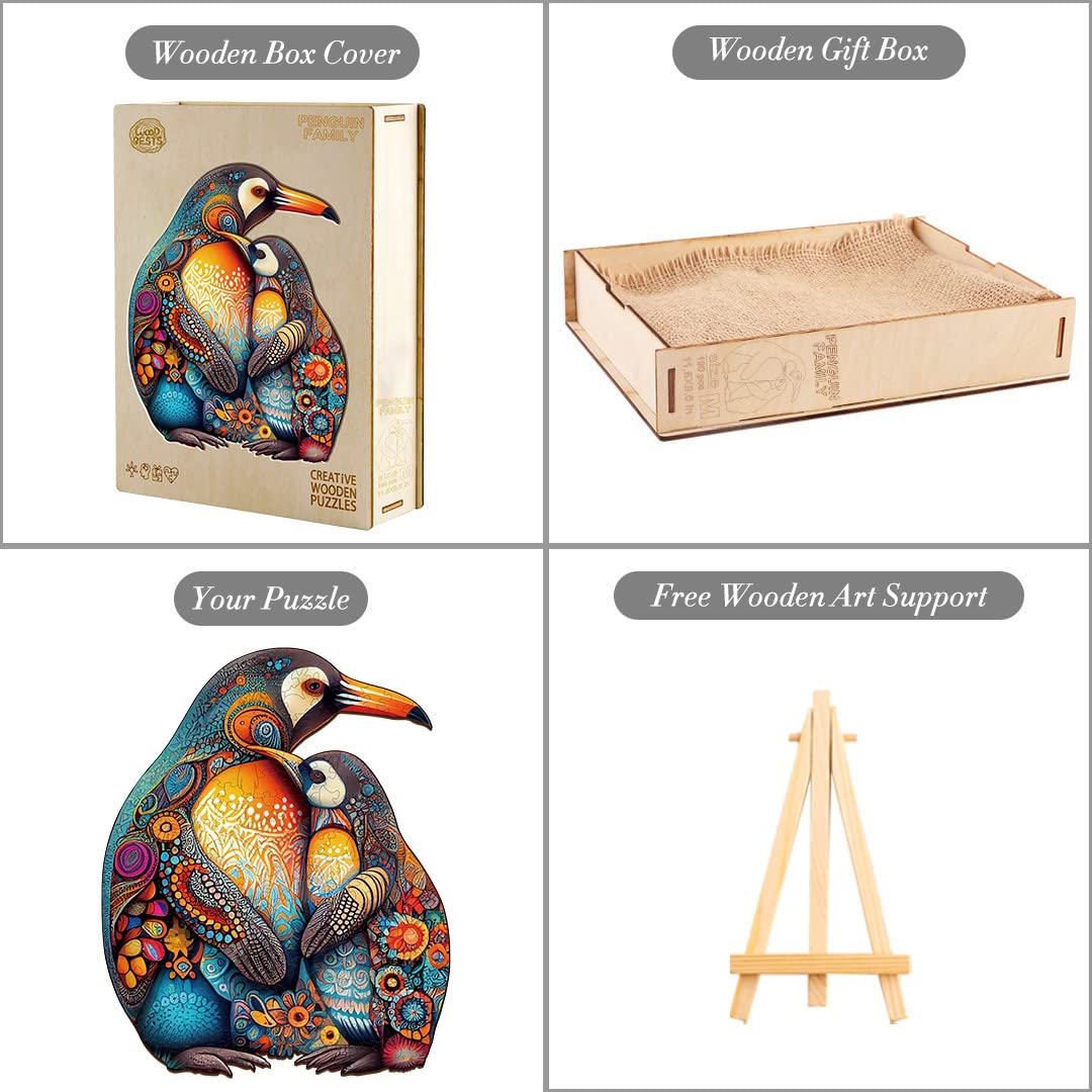 Woodemon Wooden Jigsaw Puzzles, Wooden Puzzles For Adults And Kids, (M-190Pcs-11.8 * 9.6In) Penguin Family Unique Shape Animal Wooden Puzzle, Wood Puzzles Jigsaw, Puzzle Gift Perfect Family Games
