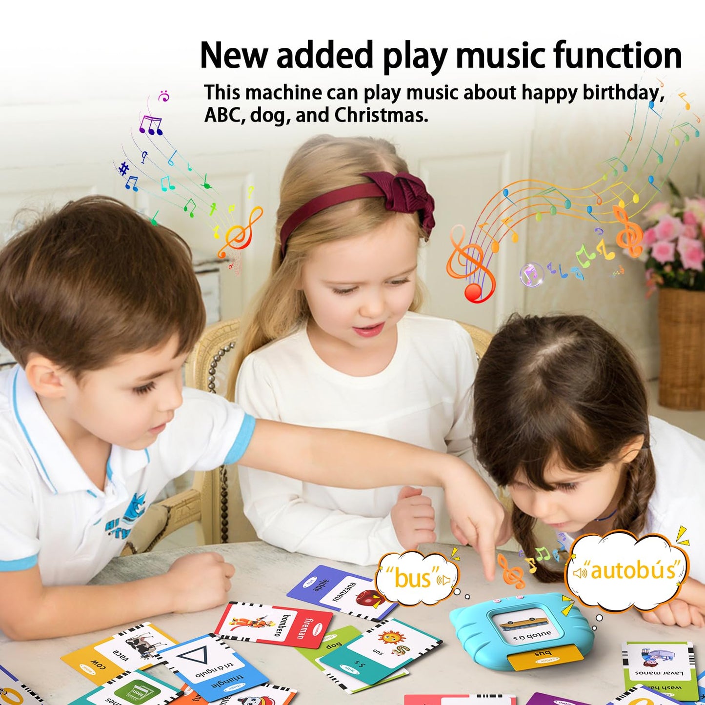 Kidzdo Spanish And English Audible Toys, Bilingual Espaol/English Talking Flash Cards With Music For Preschool,Kindergarten Todd