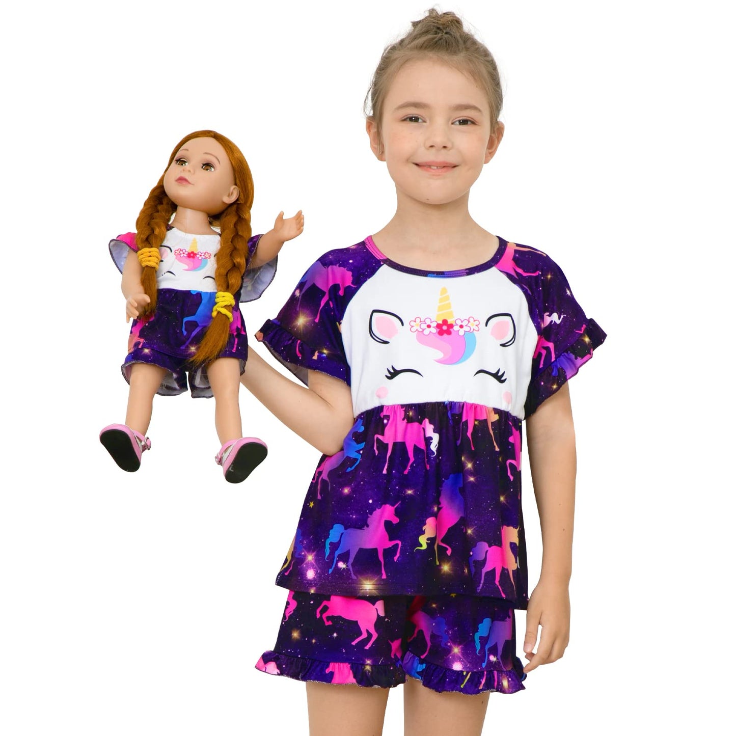 Girl & Doll Matching Pajamas Unicorn Outfit Clothes For Girls And 18'' Dolls Pajama Sets (Doll Not Included), Dark Purple, 5-6 Y