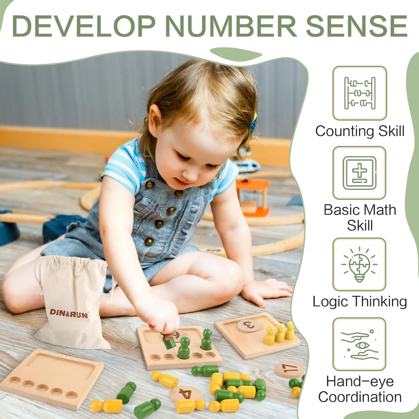 Dinorun Educational Toys For 3 4 5 Year Old Boy Girls Gifts - Preschool Learning Math And Numbers For Toddler 2-4 - Math Manipulatives For Kids 3-6 - Montessori Wooden Counting Peg Board Materials