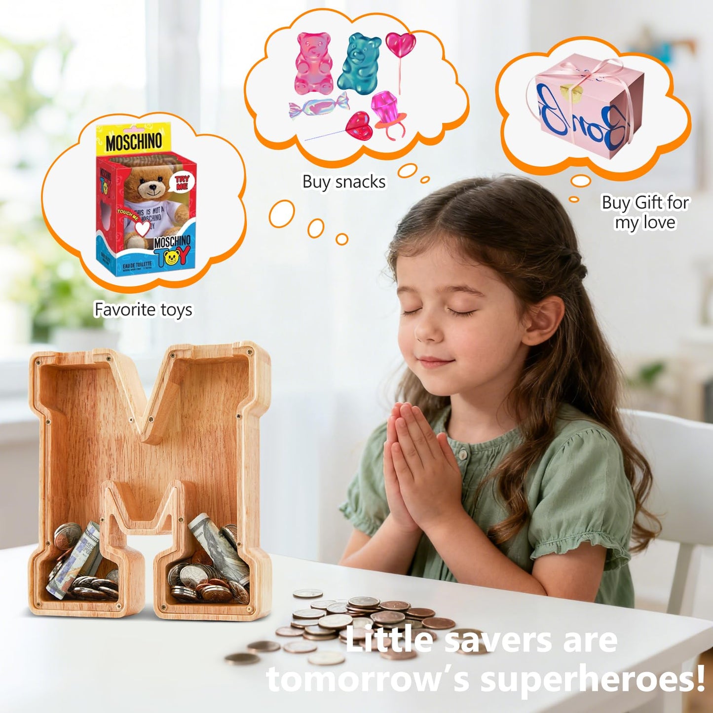 Wooden Letter Piggy Bank for Kids Initial Coin Bank for Boys and Girls First Name Personalized Savings Bank for Birthday Boys Girls Gift Piggy Bank for Kids (Wood S9-M)