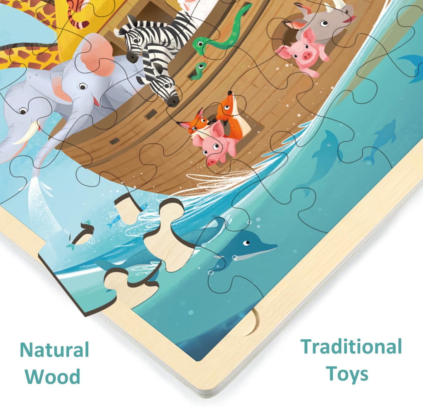 Moinkidz Wooden Noah'S Ark Puzzle For Kids Ages 3-5, 48 Piece Puzzles For Kids Ages 4-8 With Puzzle Tray, Religious Scene Christian Bible Wooden Jigsaw Puzzle For 3 4 5 6 7 8 Year Old