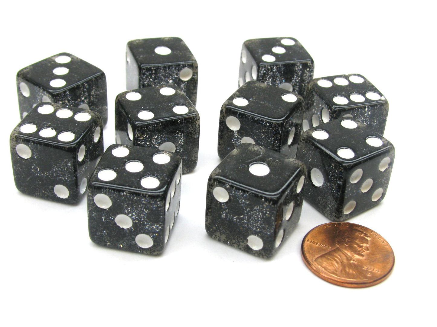 Koplow Games Set of 10 D6 16mm Glitter Dice - Black with White Pips