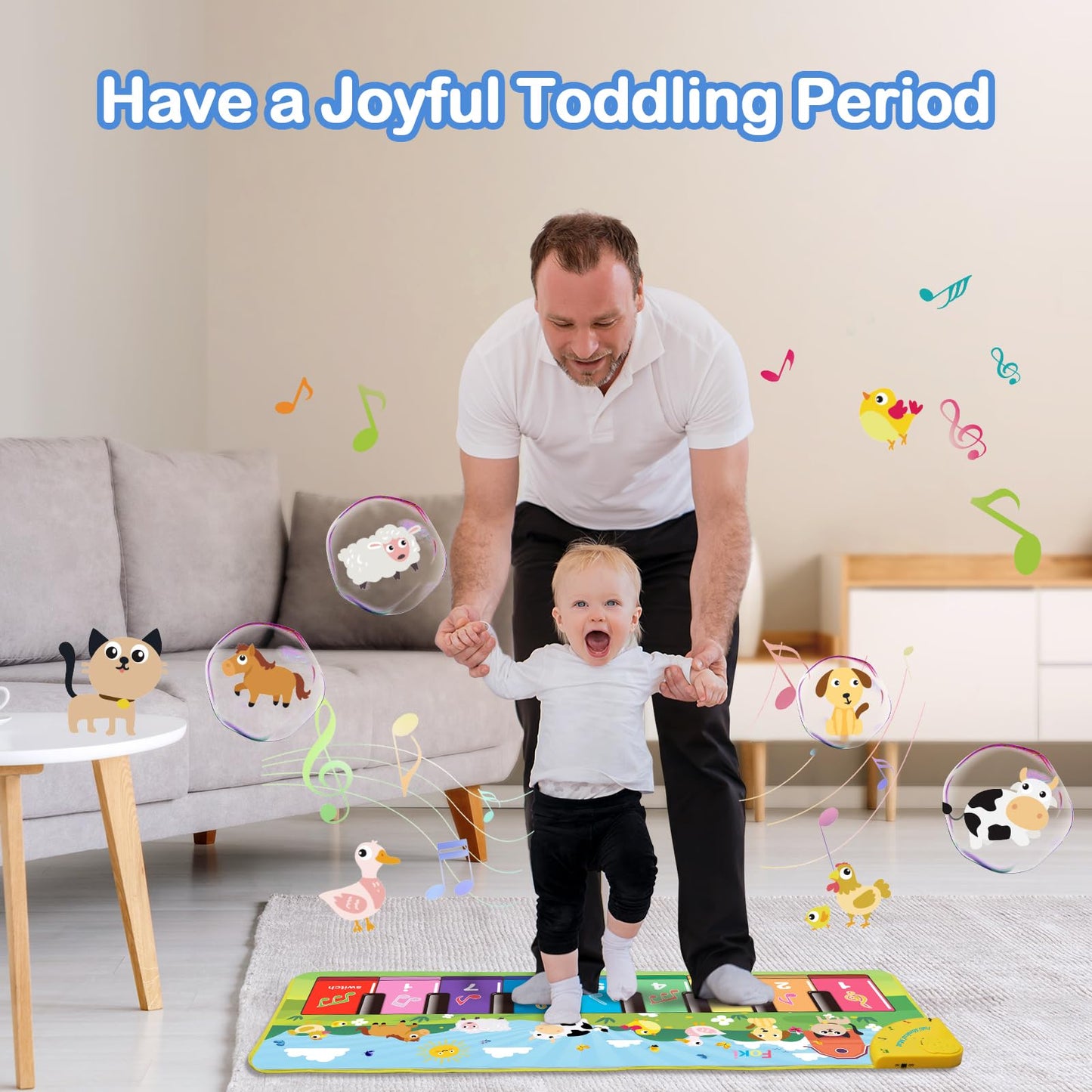 Foki Floor Piano Mat For Toddlers, Baby Kid Sensory Educational Dancing Keyboard Carpet Animal Sounds Blanket Touch Playmat Musi