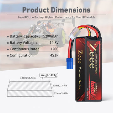 Zeee Premium Series 4S Lipo Battery 5200mAh LCG Hard Case Batttery Height 37mm 14.8V 120C with EC5 Connector for RC Car Truck Ta