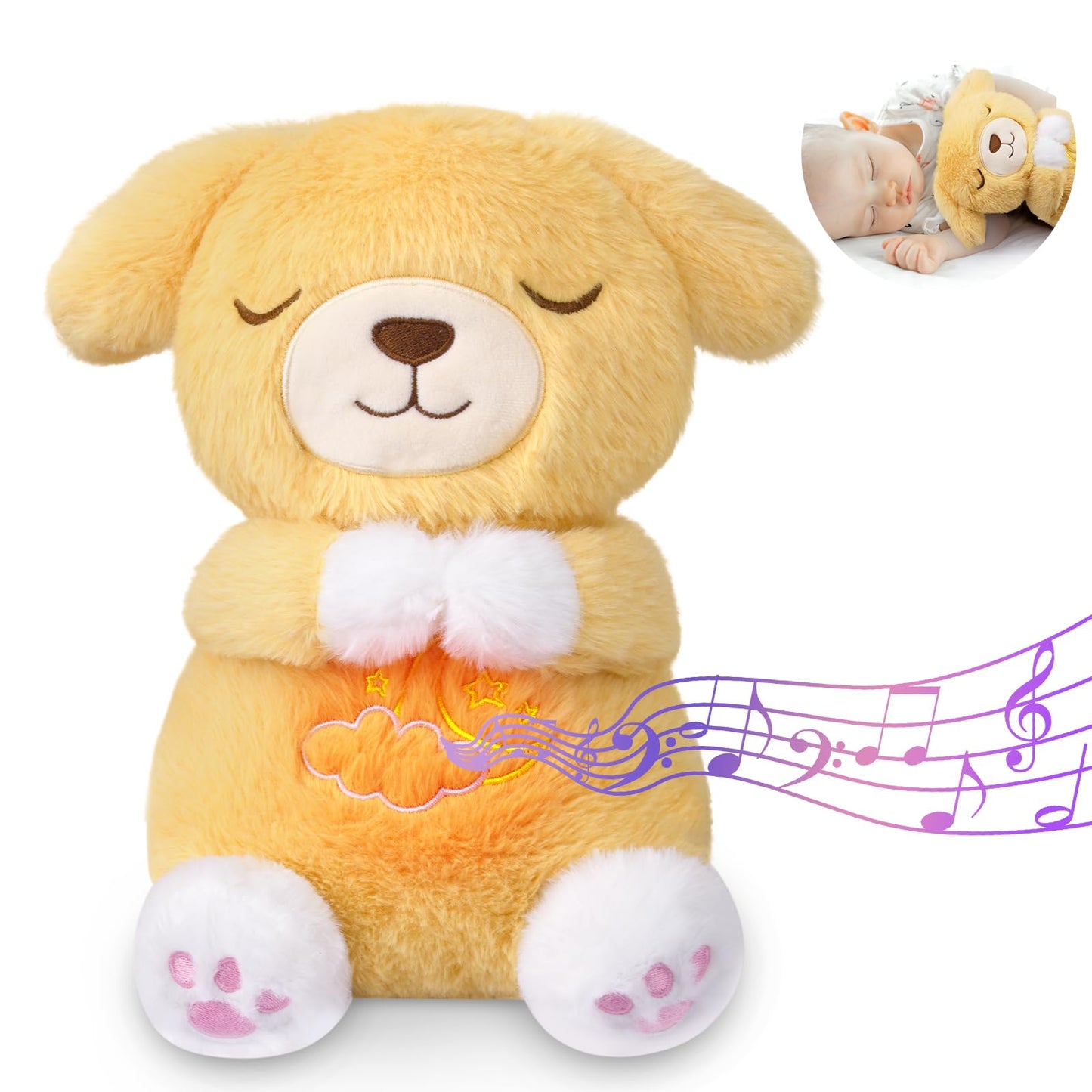 Prewplam Breathing Stuffed Animal, Dog Plush Baby Toy, Soothing Sound Machine With Music Lights & Breathing Motion For Anxiety K