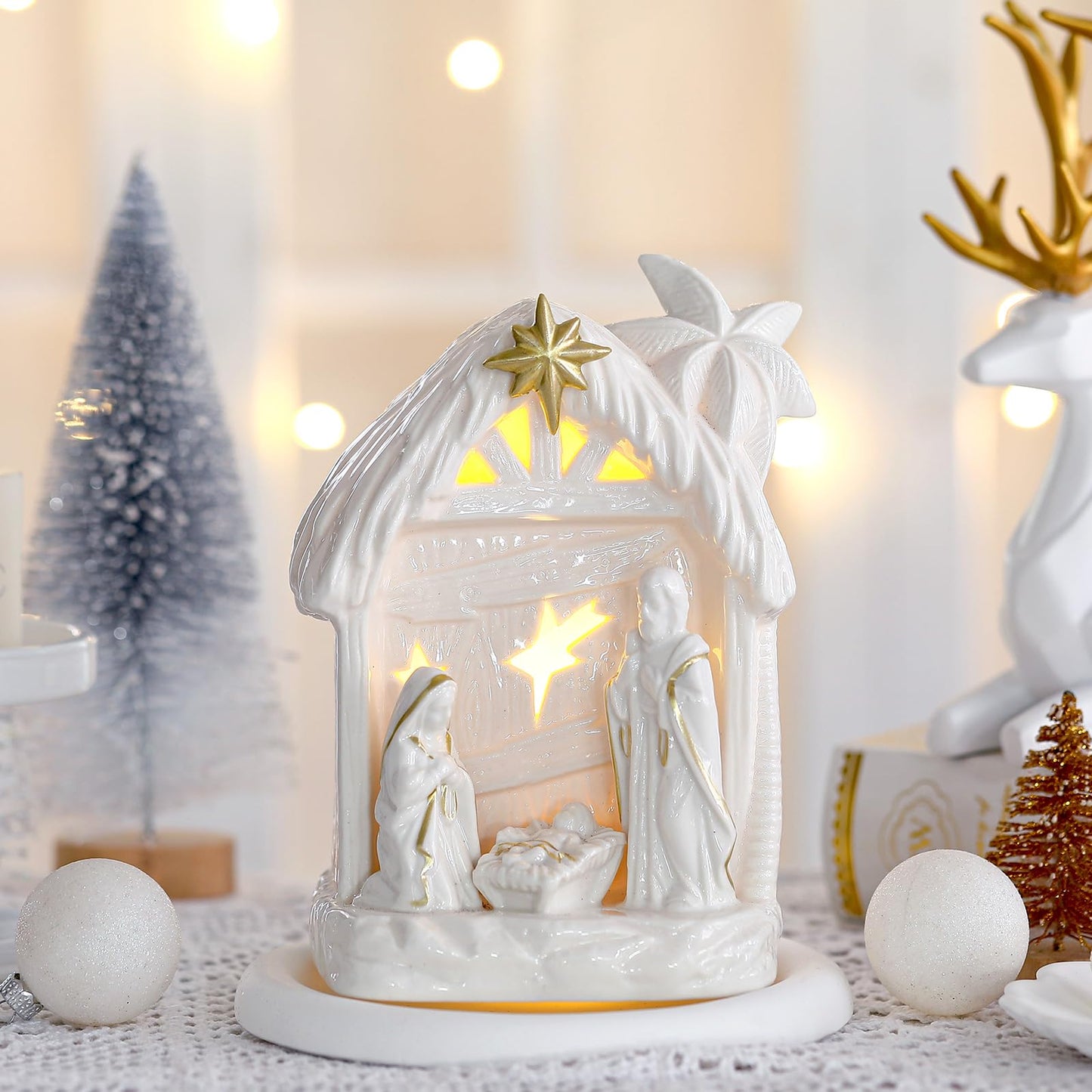 Cindeer Nativity Set for Christmas Indoor,Ceramic Nativity Scene with Light, Porcelain Statue Sculpted Hand Painted Figurine, Ho