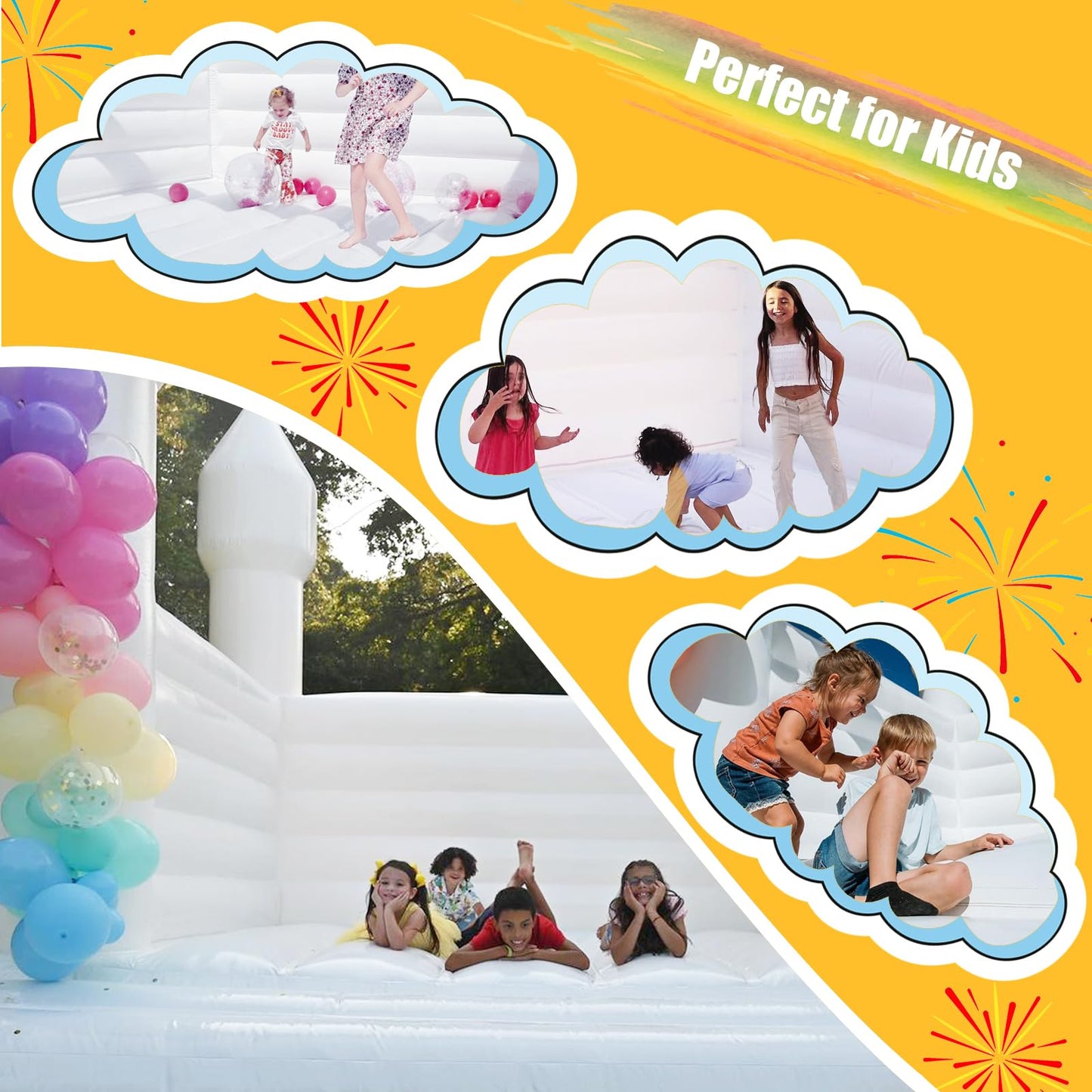 Inflatable White Bounce House Castle, 13x13x10ft Large Jumper PVC Bouncy House with Blower for Toddler Kids and Adults Indoor or