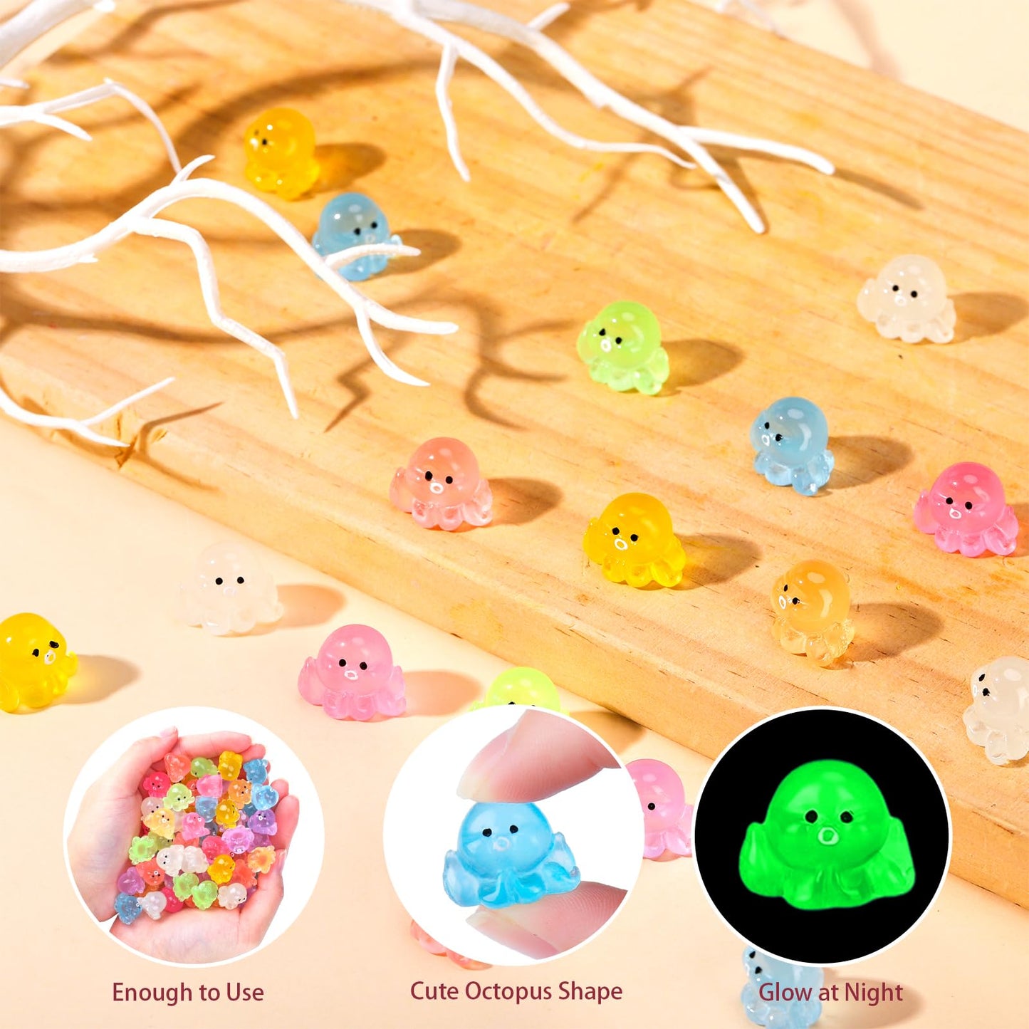 libfrnt 120 Pcs Luminous Mini Resin Octopus Figurines Tiny Octopus Glow in The Dark Cute Octopus Miniature Ornament Charms for A