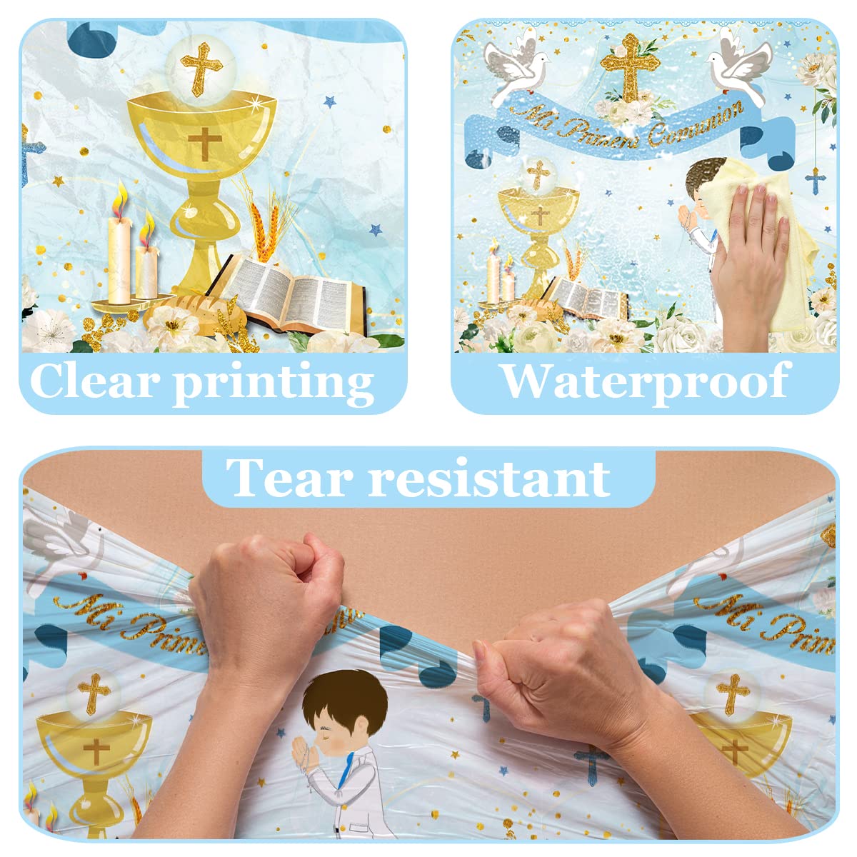 Gupesxu First Communion Decorations-Mi Primera Comunion Tablecloth,3Pcs Blue Baptism Table Covers For Boy Newborn Baby Shower Ta