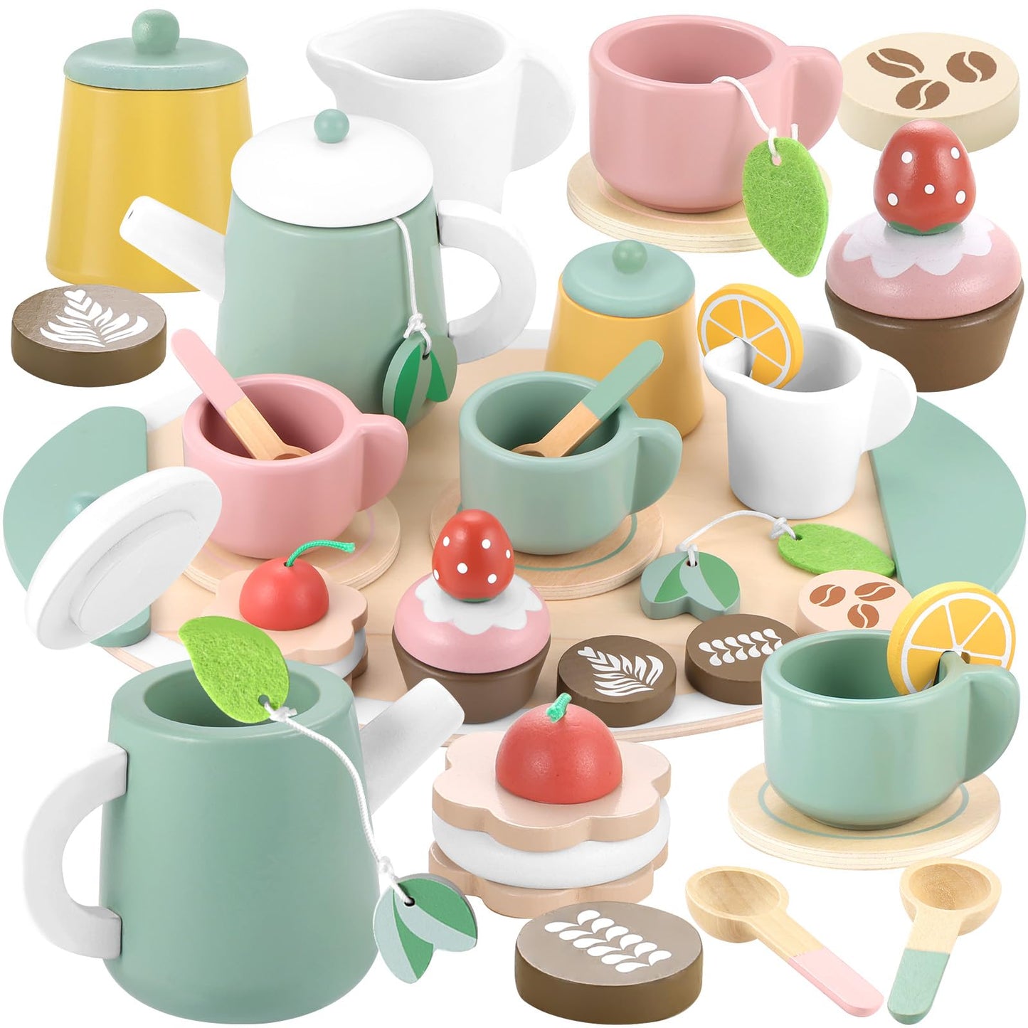 GAGAKU Wooden Tea Set for Kids, Wood Tea Party Set for Little Girls Wooden Coffee Afternoon Tea Toys Play Food forToddler Preten
