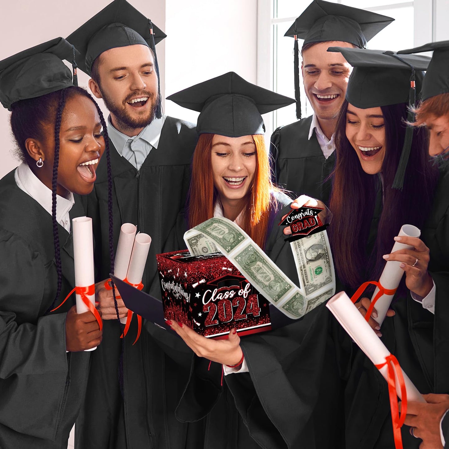 Graduation Money Box For Cash Gift Pull, Black Red Money Pull Box Gift 2024 Grad Suprise, Funny Graduation Party Gift Pull Money