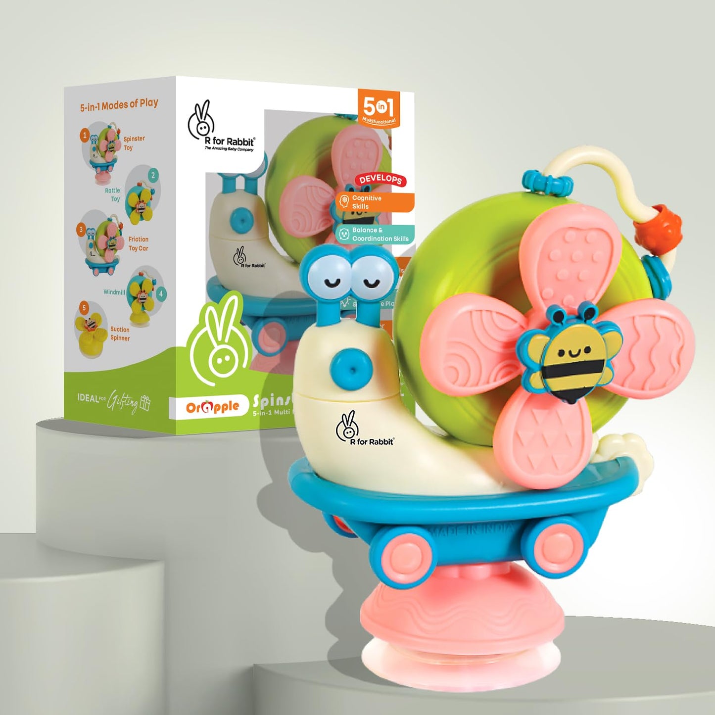 R For Rabbit Orapple Spinster Toy For Baby 5-In-1 Suction Spinner, Rattle, Friction Car, Windmill & Sensory Play | Bpa-Free, Saf