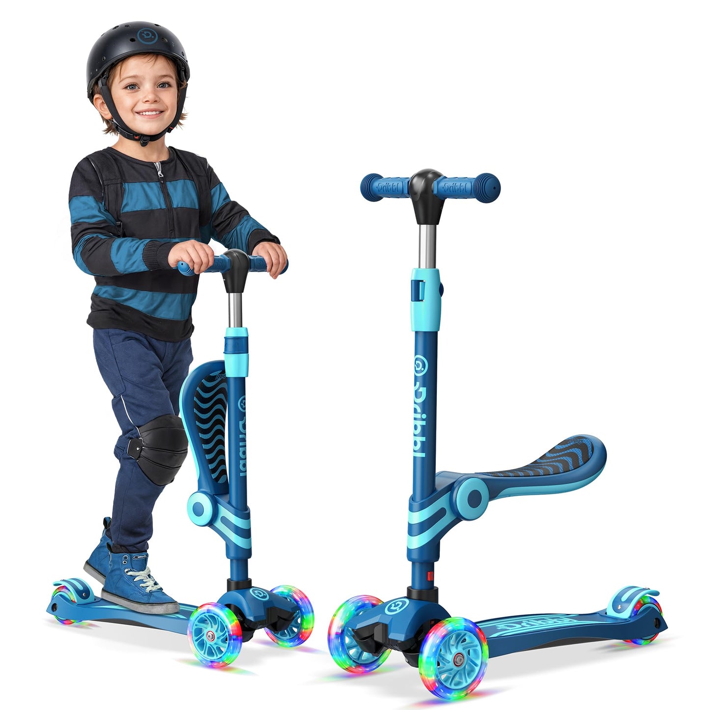 Blue 3 Wheel Scooter with Seat for Kids, Light-Up Wheels, Adjustable Lean to Steer Handlebar and Seat, Smooth Wheels, Wide No-Sl