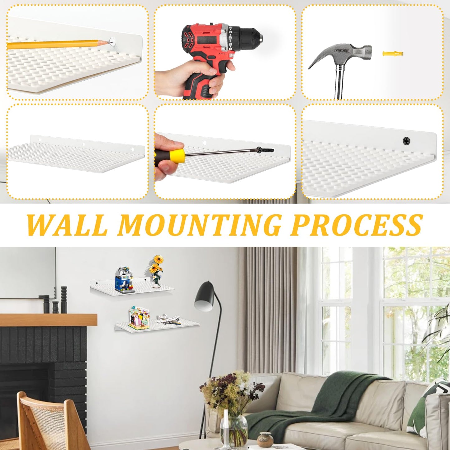 4-Pack Display Shelves for Building Bricks, Mini Action Figure Display Shelf with Brick Building Baseplate, Metal Floating Magne