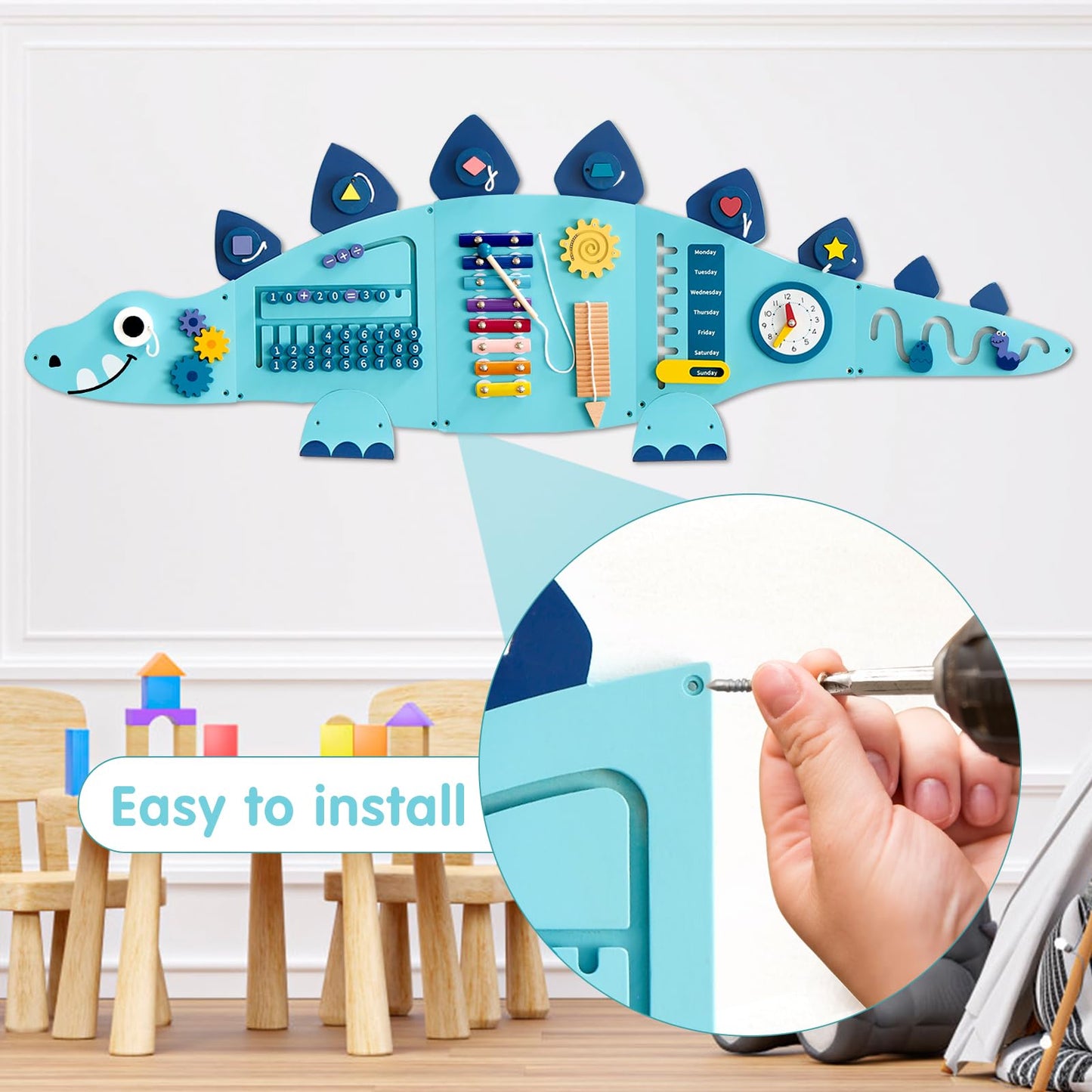 Beright Dinosaur Activity Wall Busy Board Panels, Montessori Sensory Toys, Toddler Learning Activity Center, Perfect For Toddler Playroom & Children'S Daycare, Blue